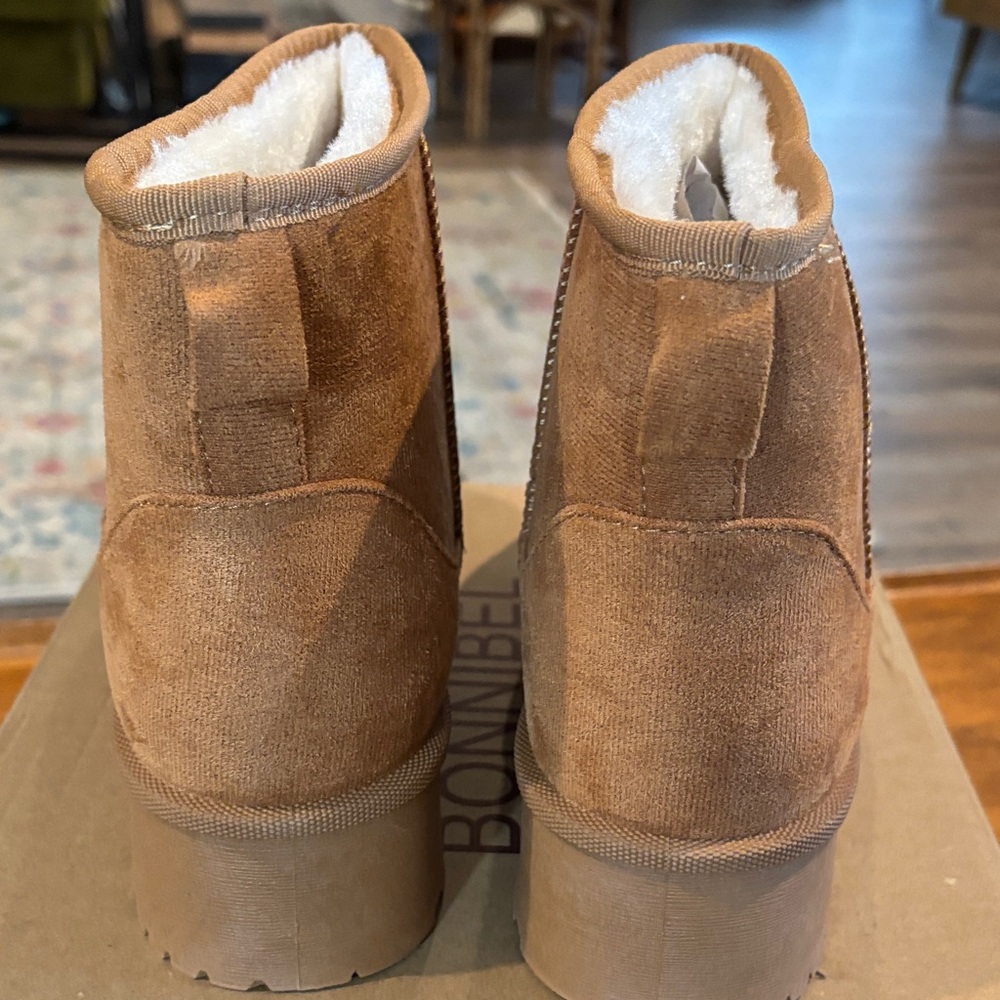 Bonnibel Dorah Chestnut Suede Platform Faux Fur Lined Ankle Boots new in box - Picture 5 of 7